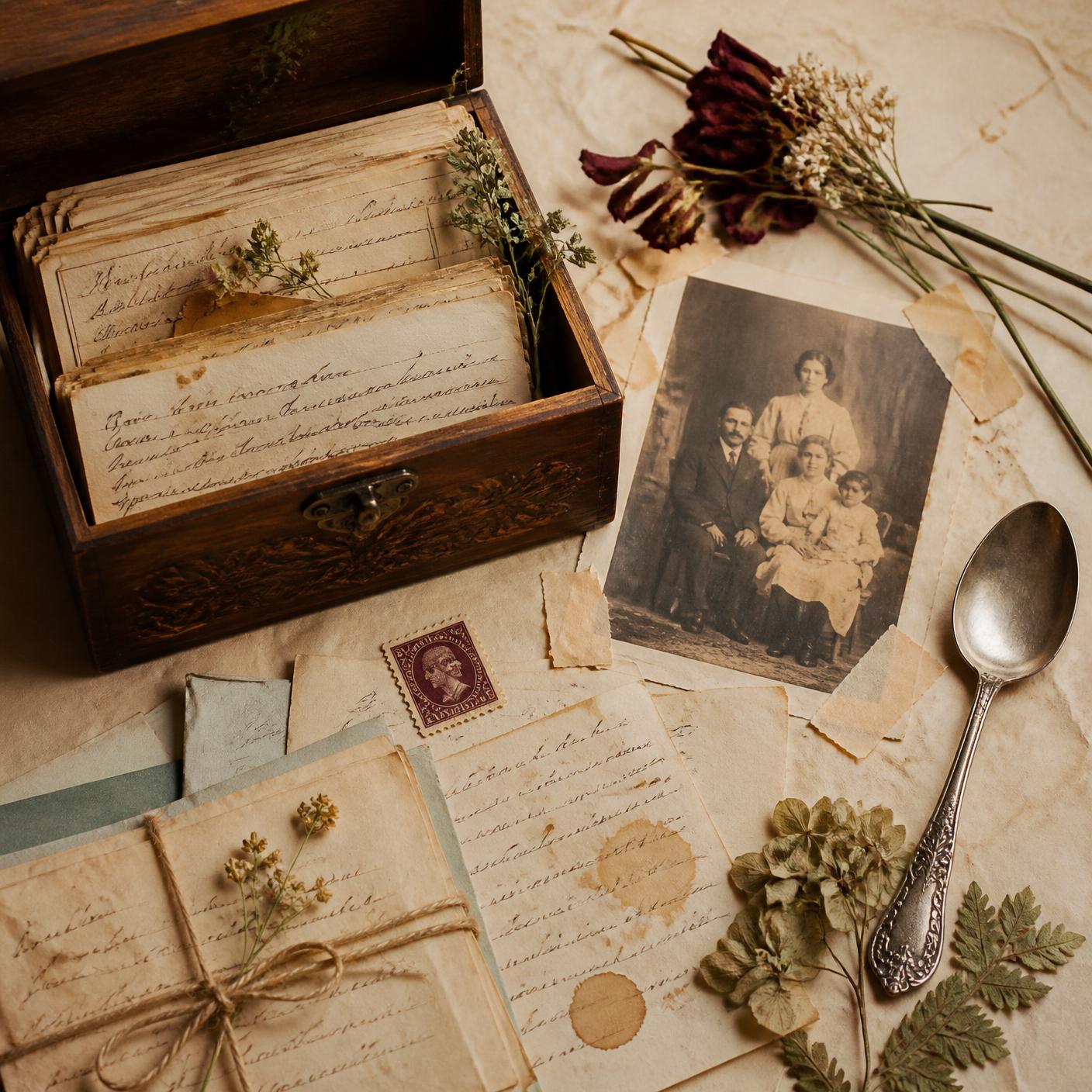 An open recipe box with handwritten cards, a sepia family photograph and pressed botanicals